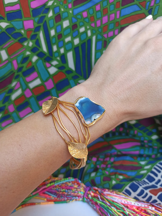 Golden bracelet with blue agate leaves