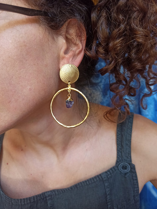 Golden amethyst chip circle earrings