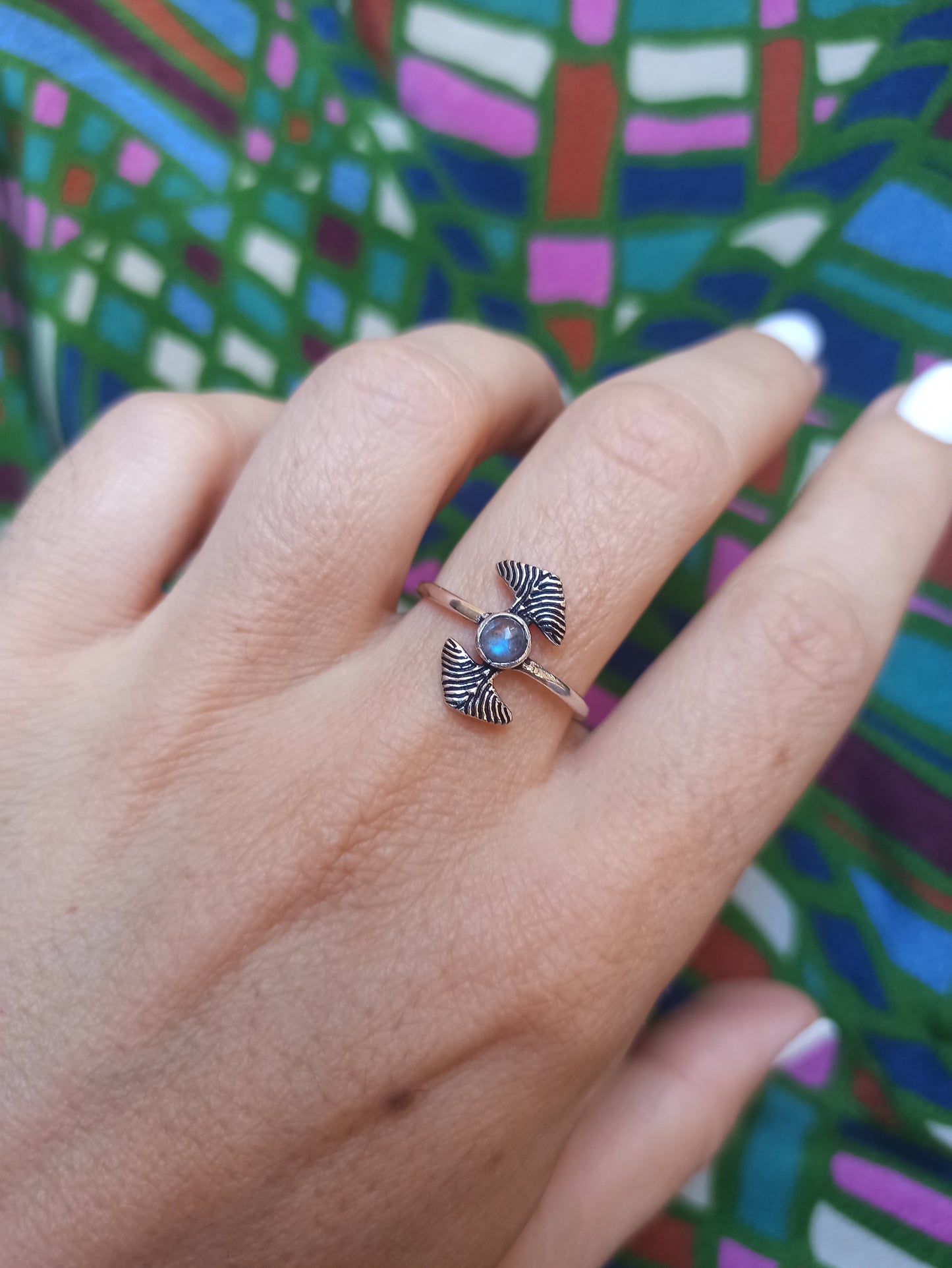 Silver boho ring foppia ginkgo labradorite