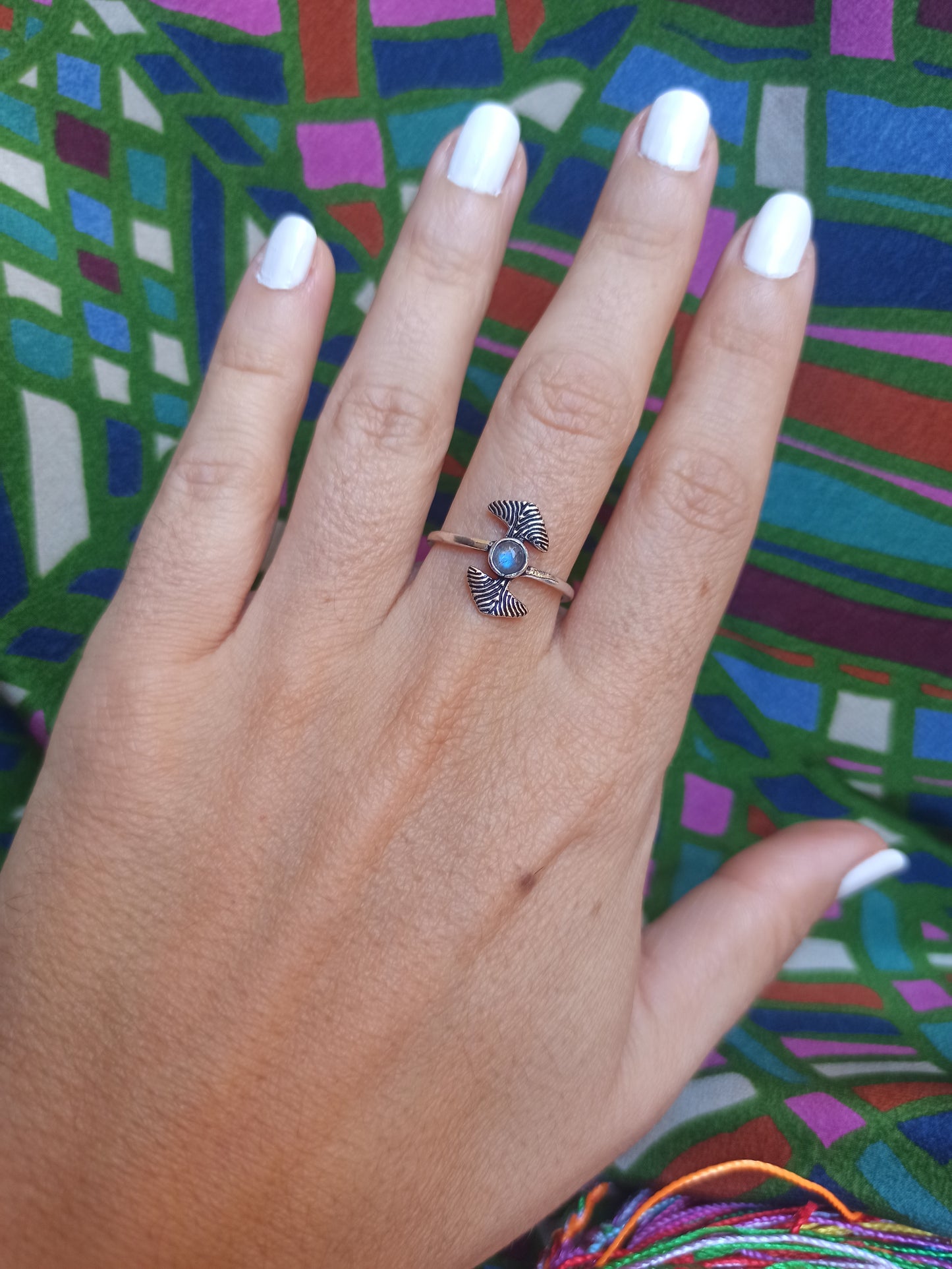 Silver boho ring foppia ginkgo labradorite