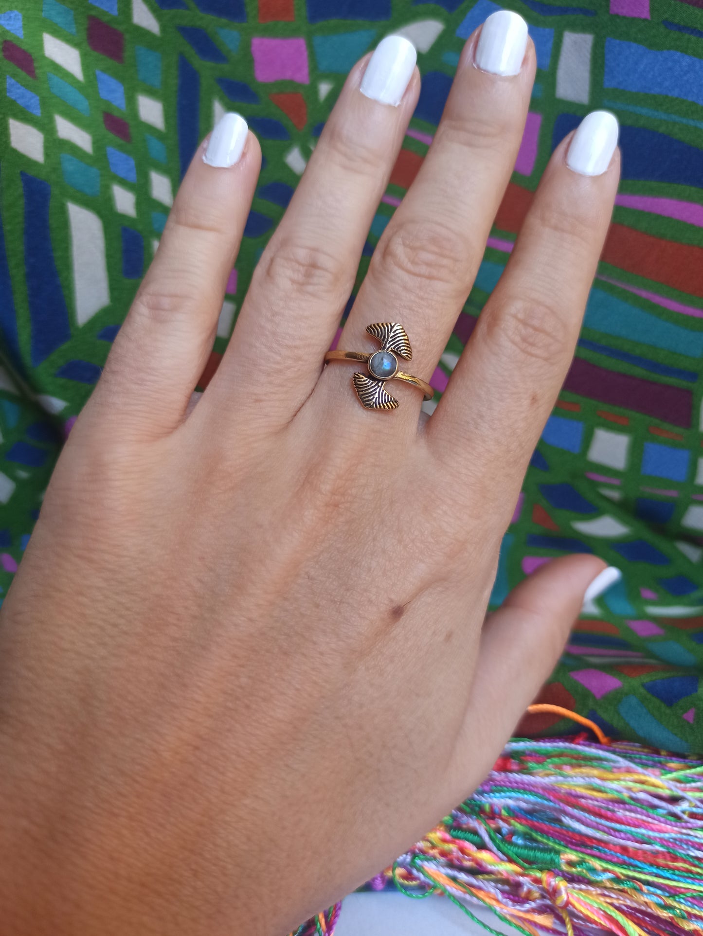 Golden double ginkgo labradorite boho ring