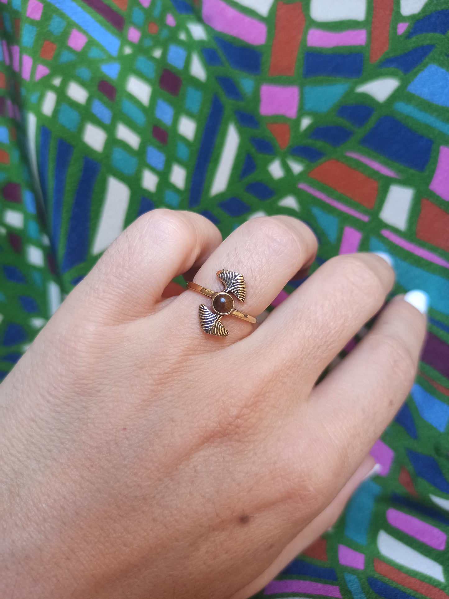 Golden double ginkgo tiger eye boho ring