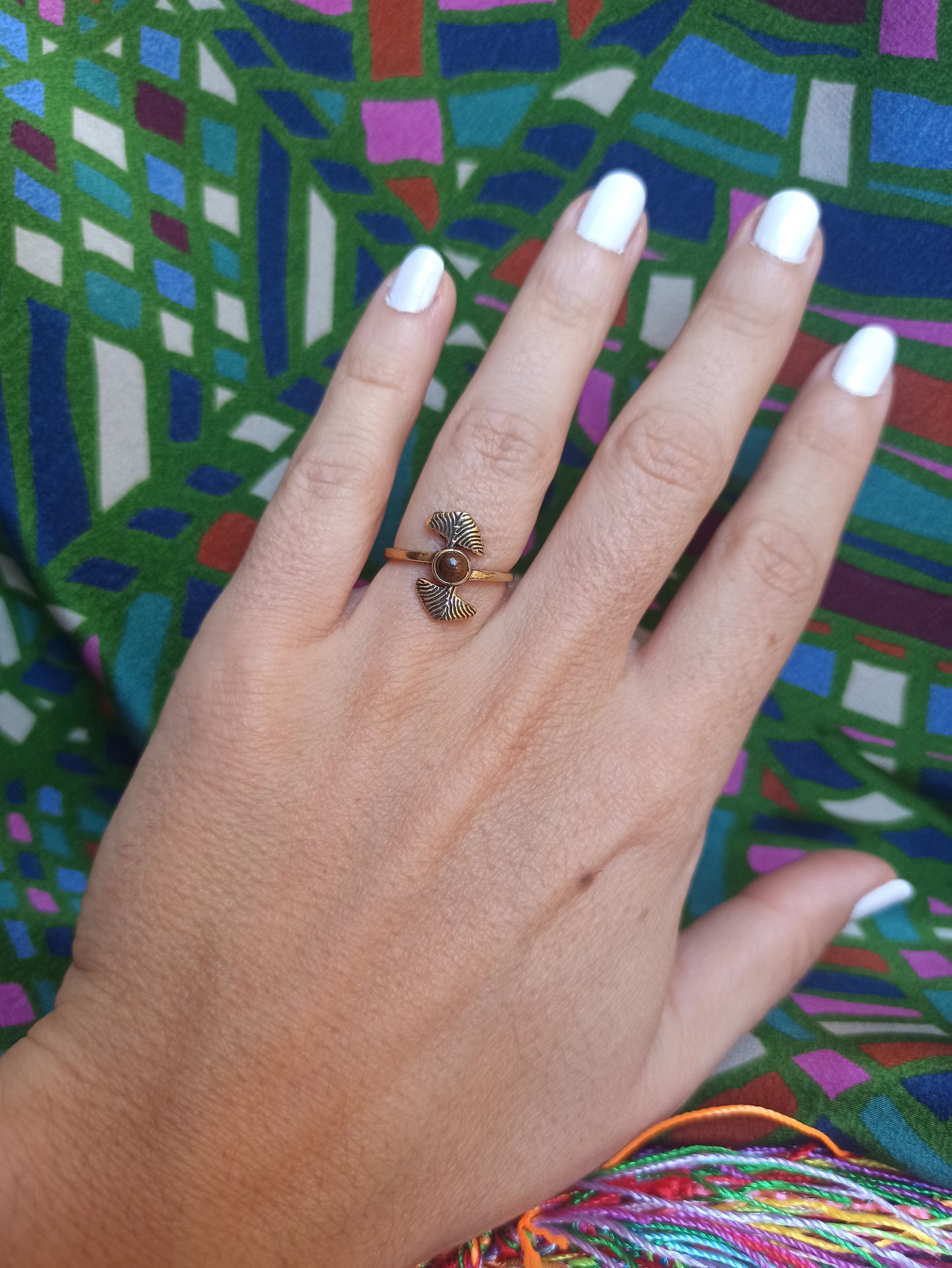 Golden double ginkgo tiger eye boho ring