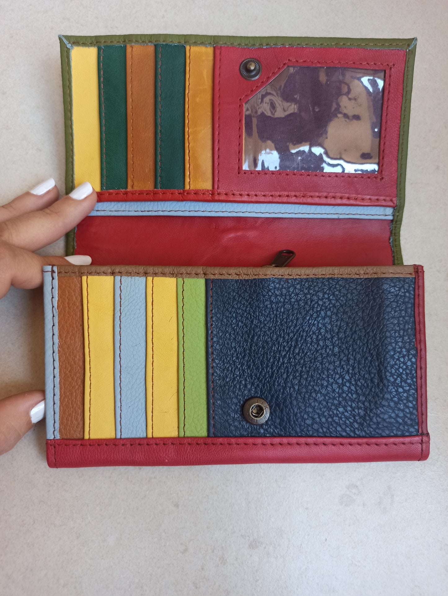 Green and red leather wallet