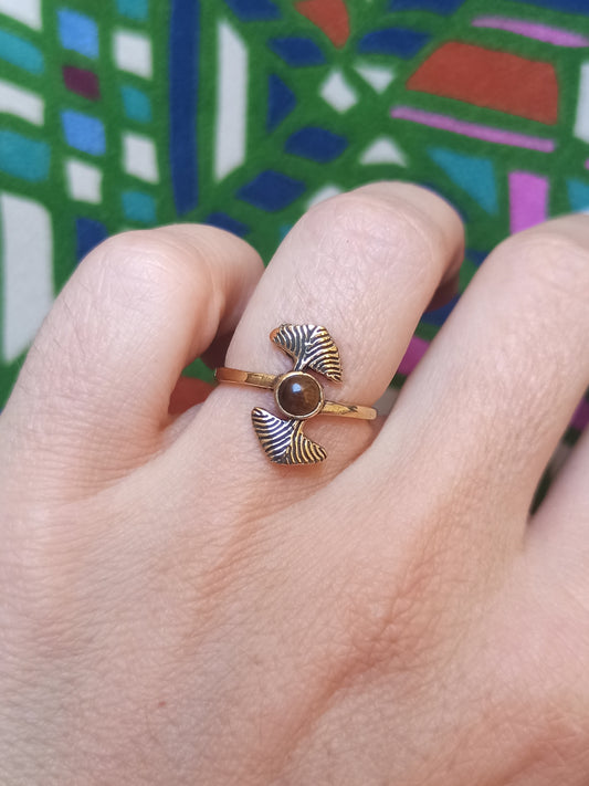 Golden double ginkgo tiger eye boho ring