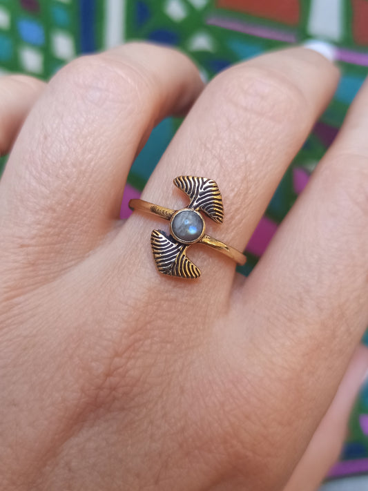 Goldener doppelter Ginkgo-Labradorit-Boho-Ring