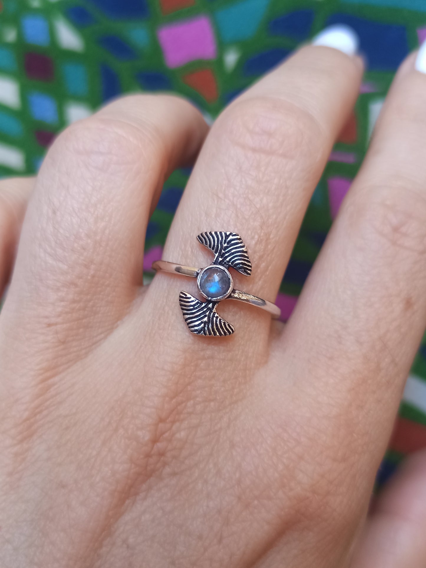 Silver boho ring foppia ginkgo labradorite