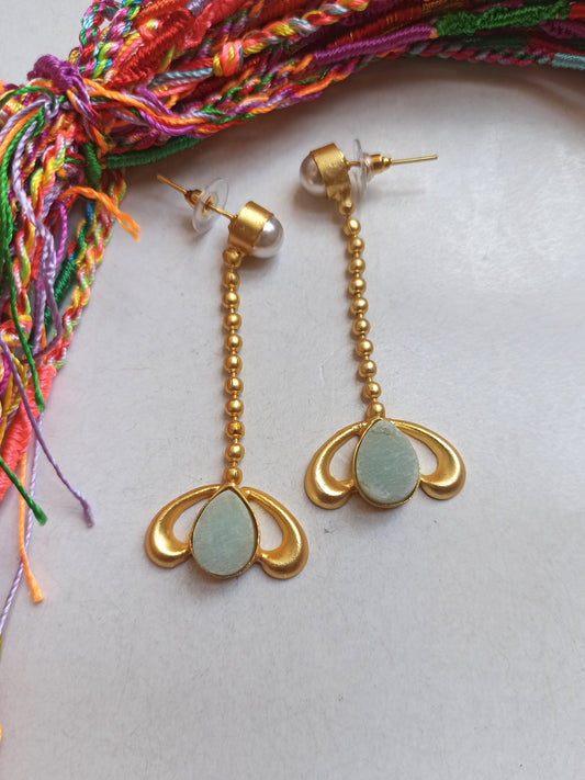 Golden earrings with aqua green stone