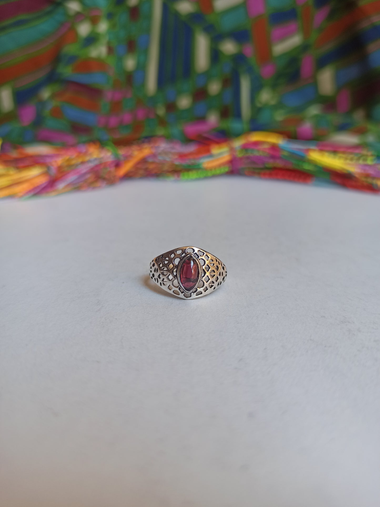 Silver boho ring with purple perforated band