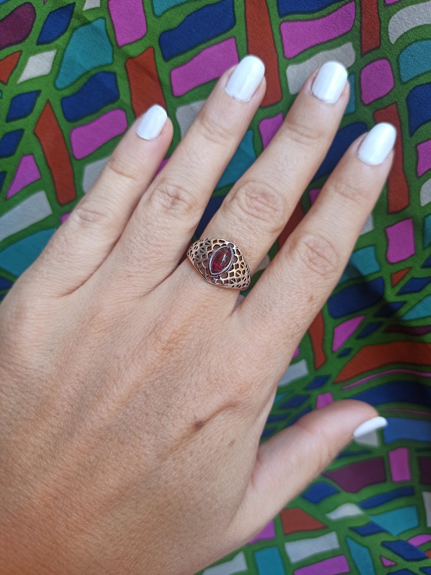 Silver boho ring with purple perforated band