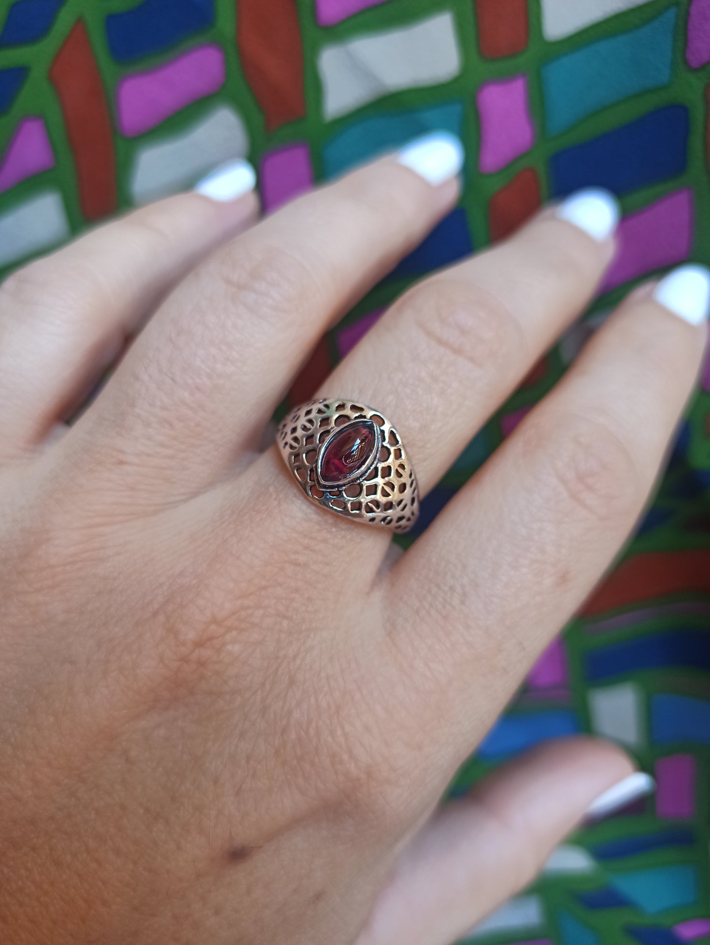 Silver boho ring with purple perforated band