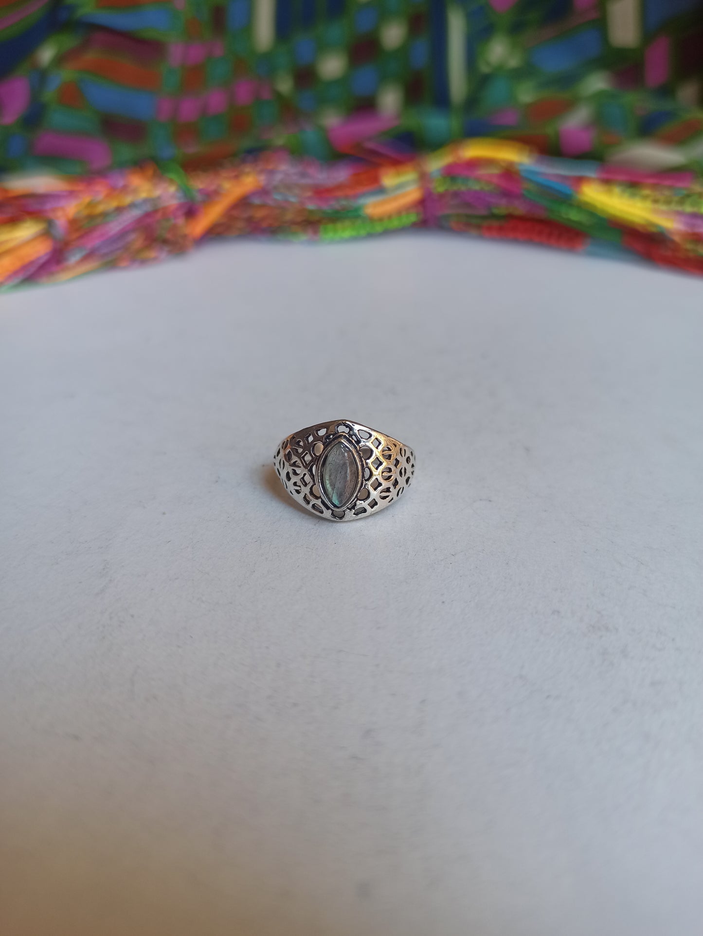 Silver boho ring with labradorite perforated band