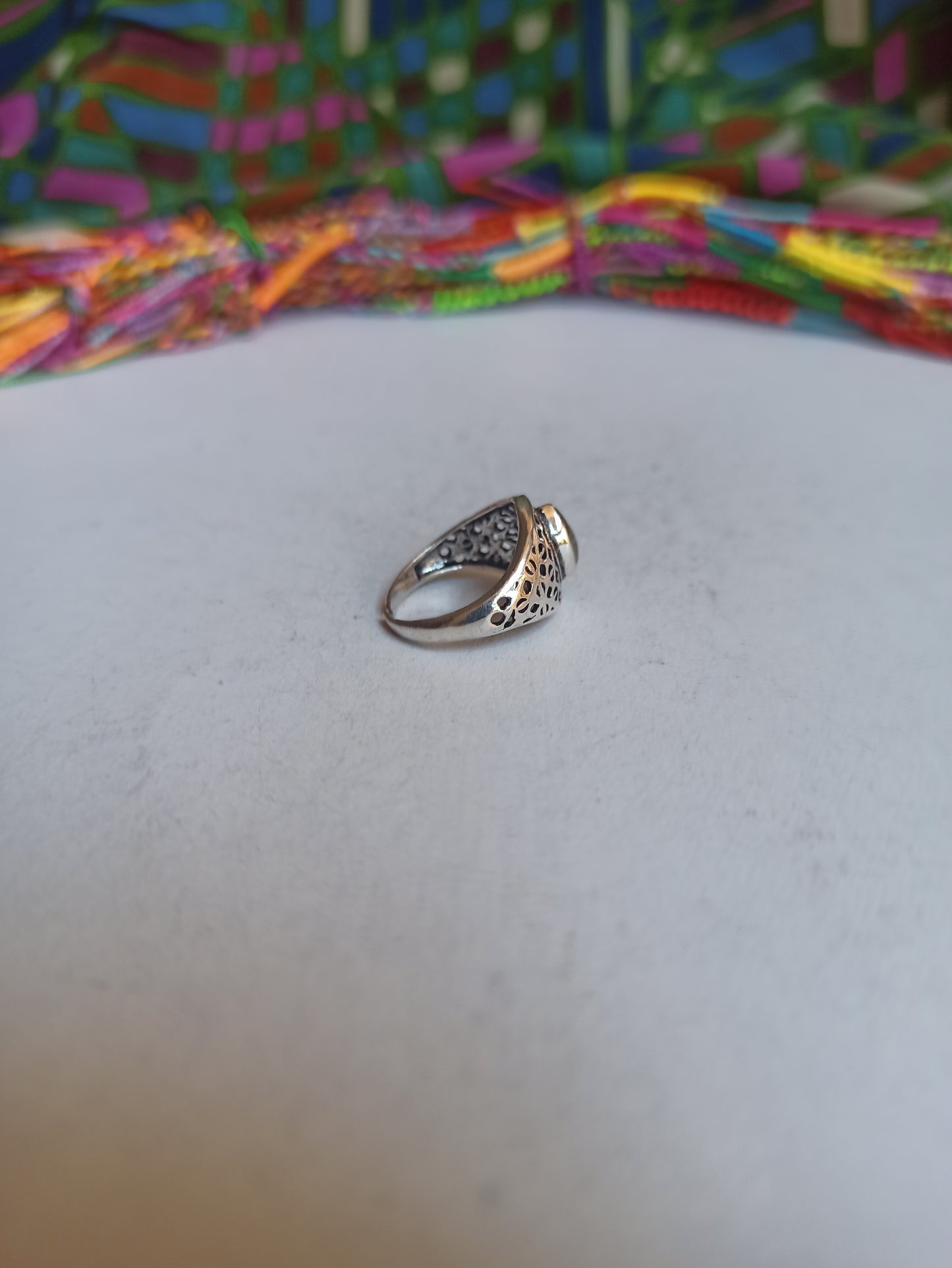 Silver boho ring with labradorite perforated band