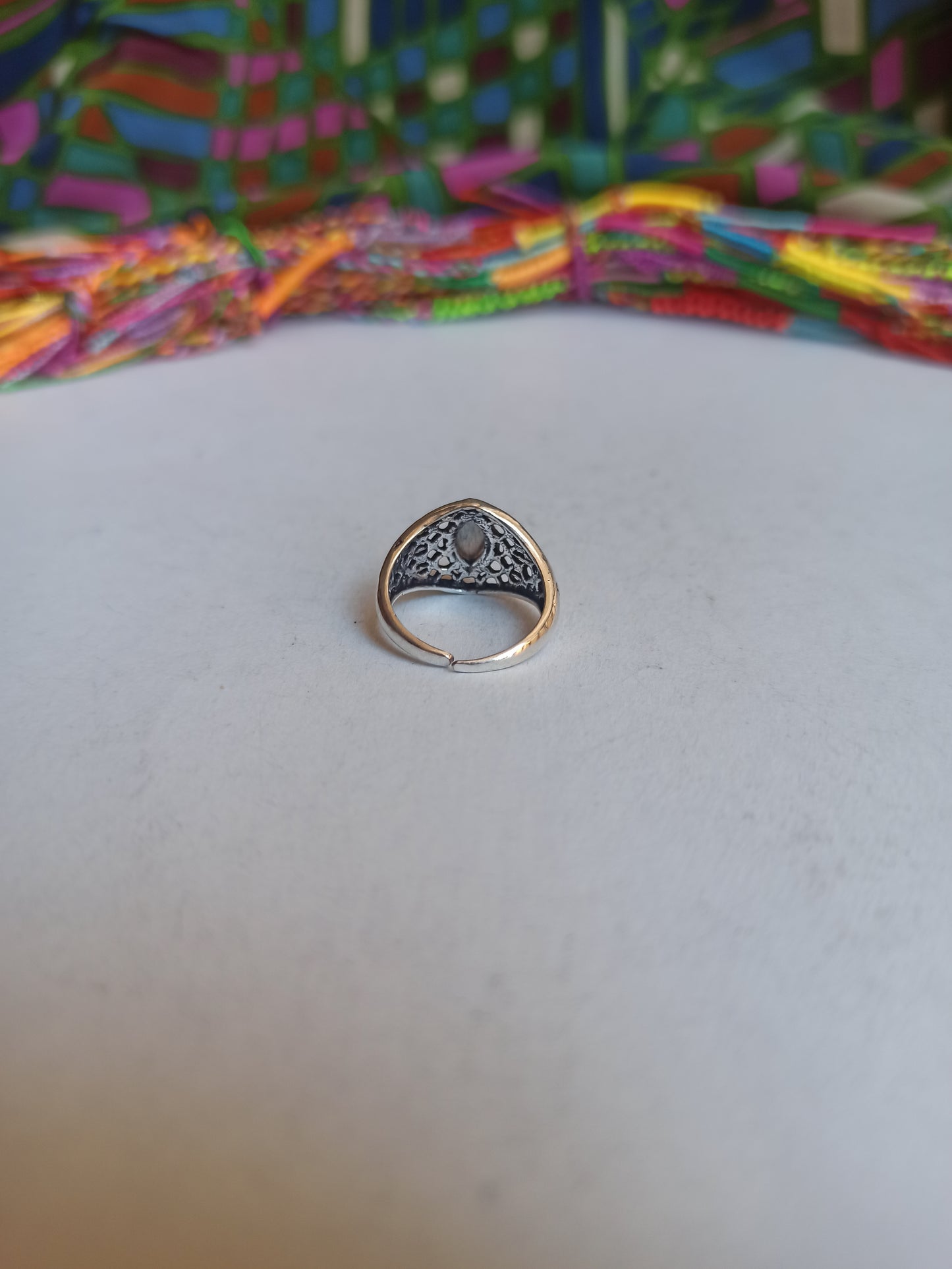 Silver boho ring with labradorite perforated band