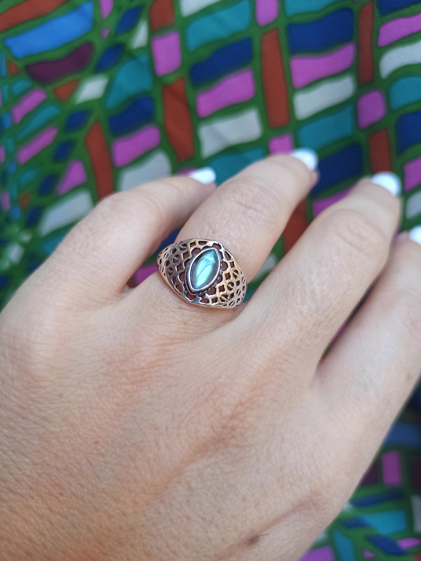 Silver boho ring with labradorite perforated band