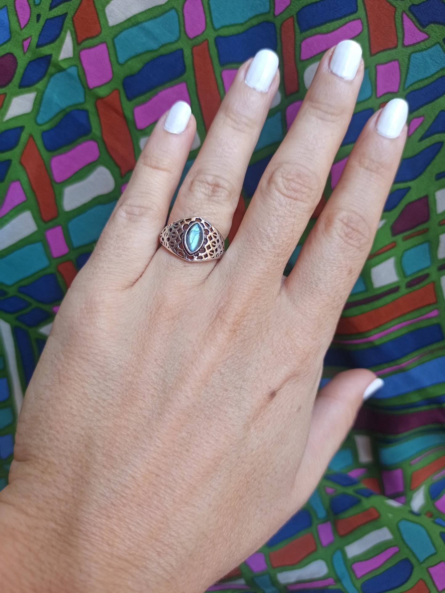 Silver boho ring with labradorite perforated band