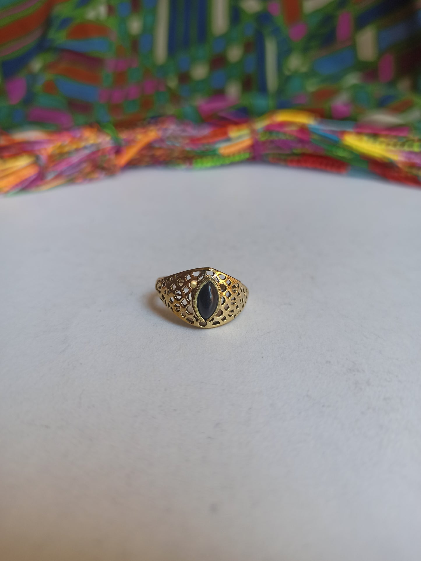 Boho silver ring with black perforated band