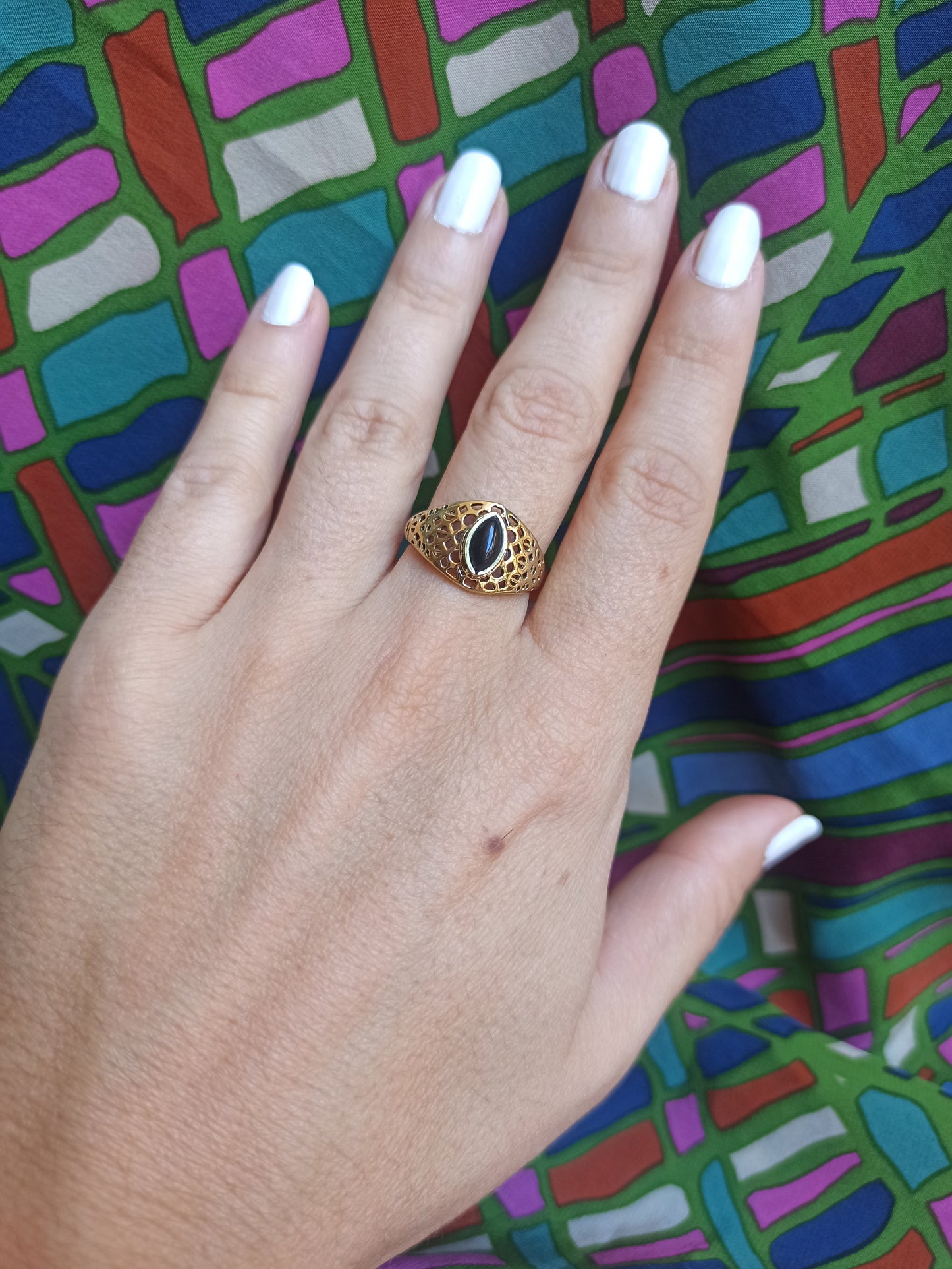 Boho silver ring with black perforated band