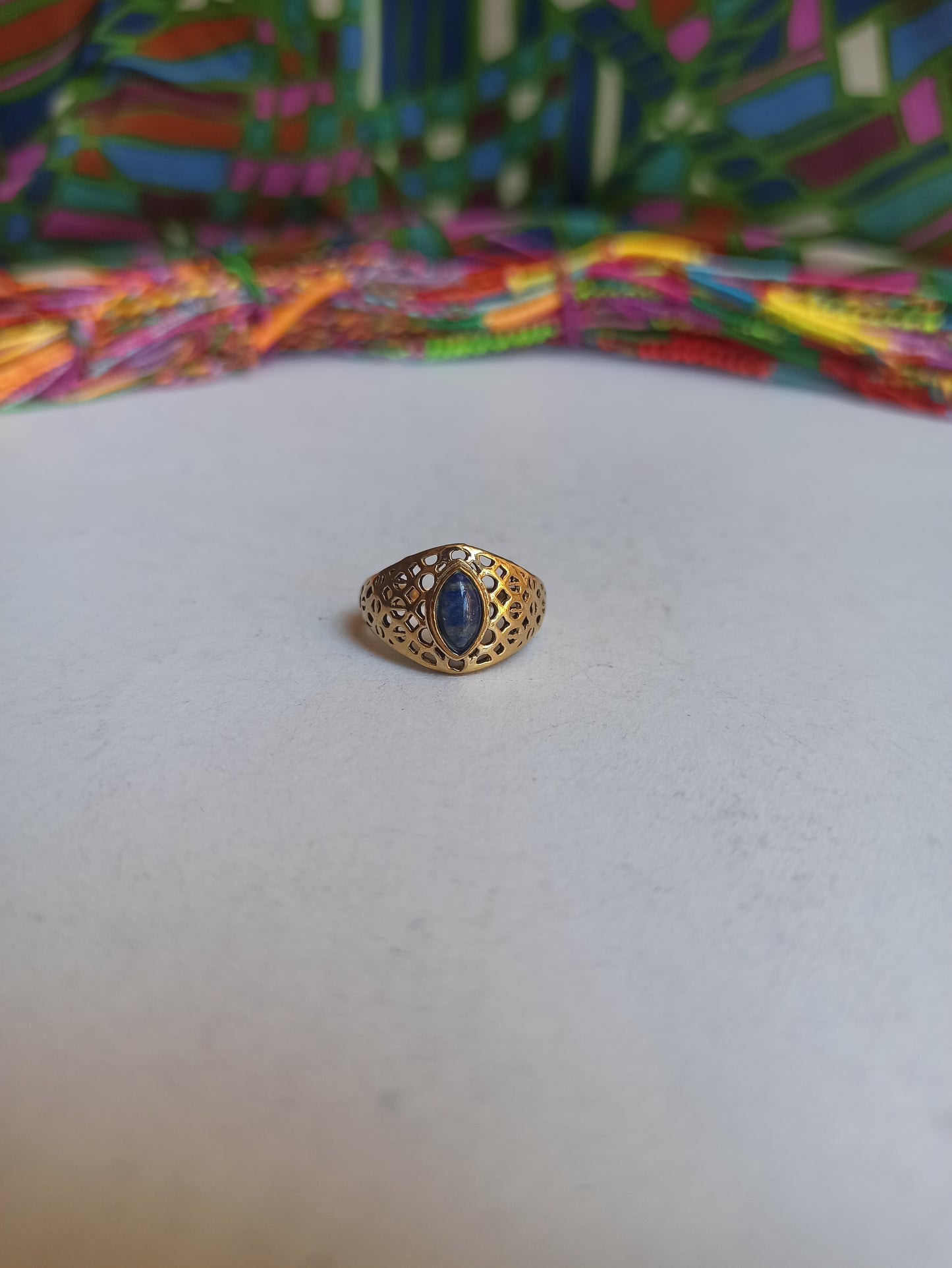 Golden boho ring with perforated lapis band