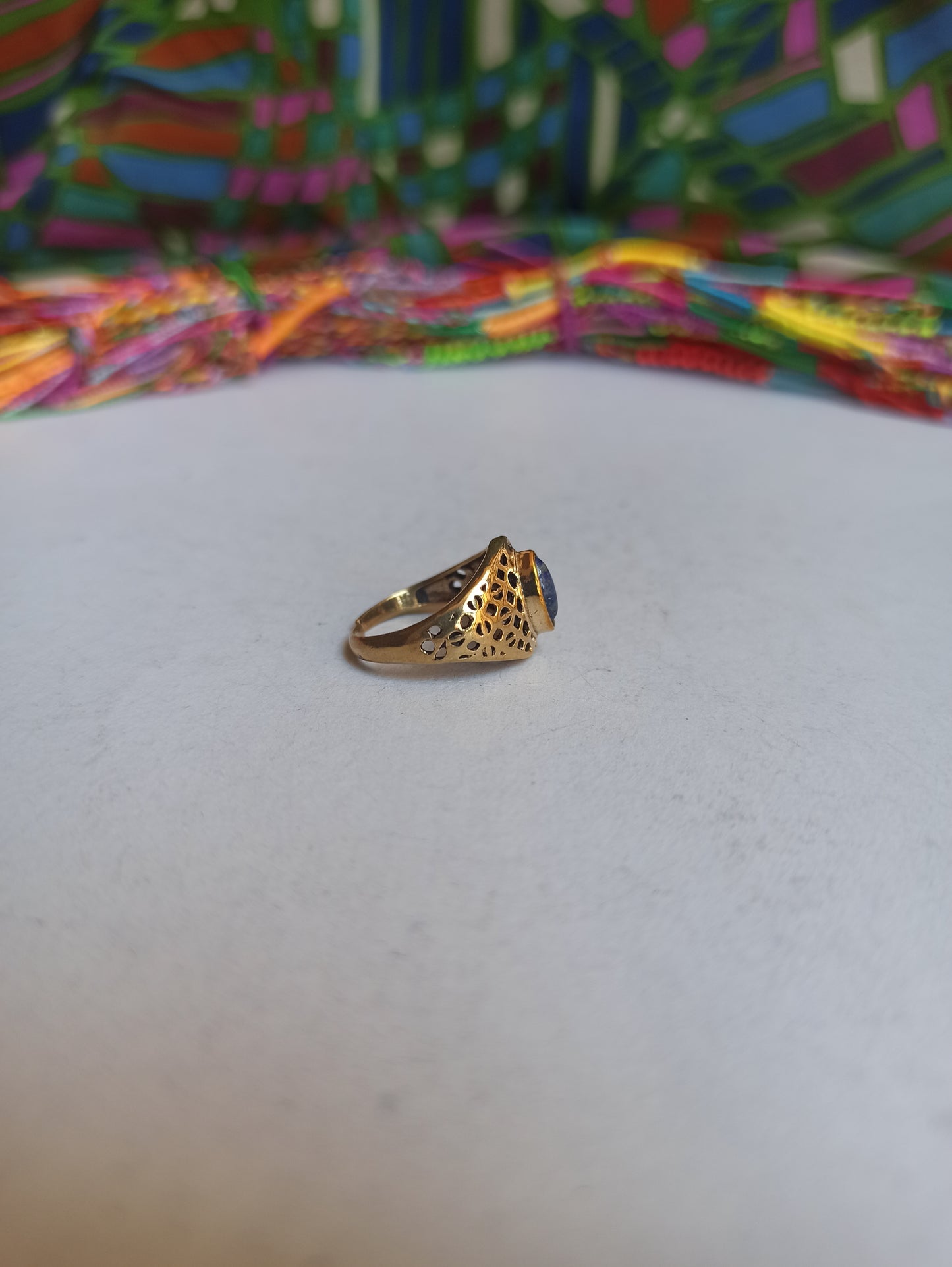 Golden boho ring with perforated lapis band