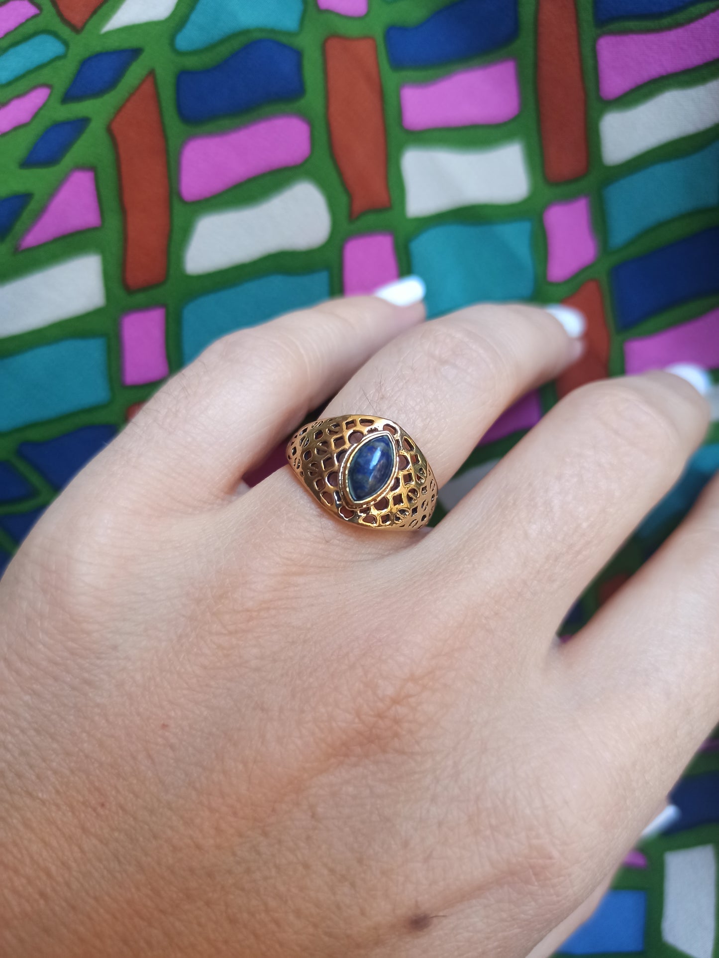 Golden boho ring with perforated lapis band