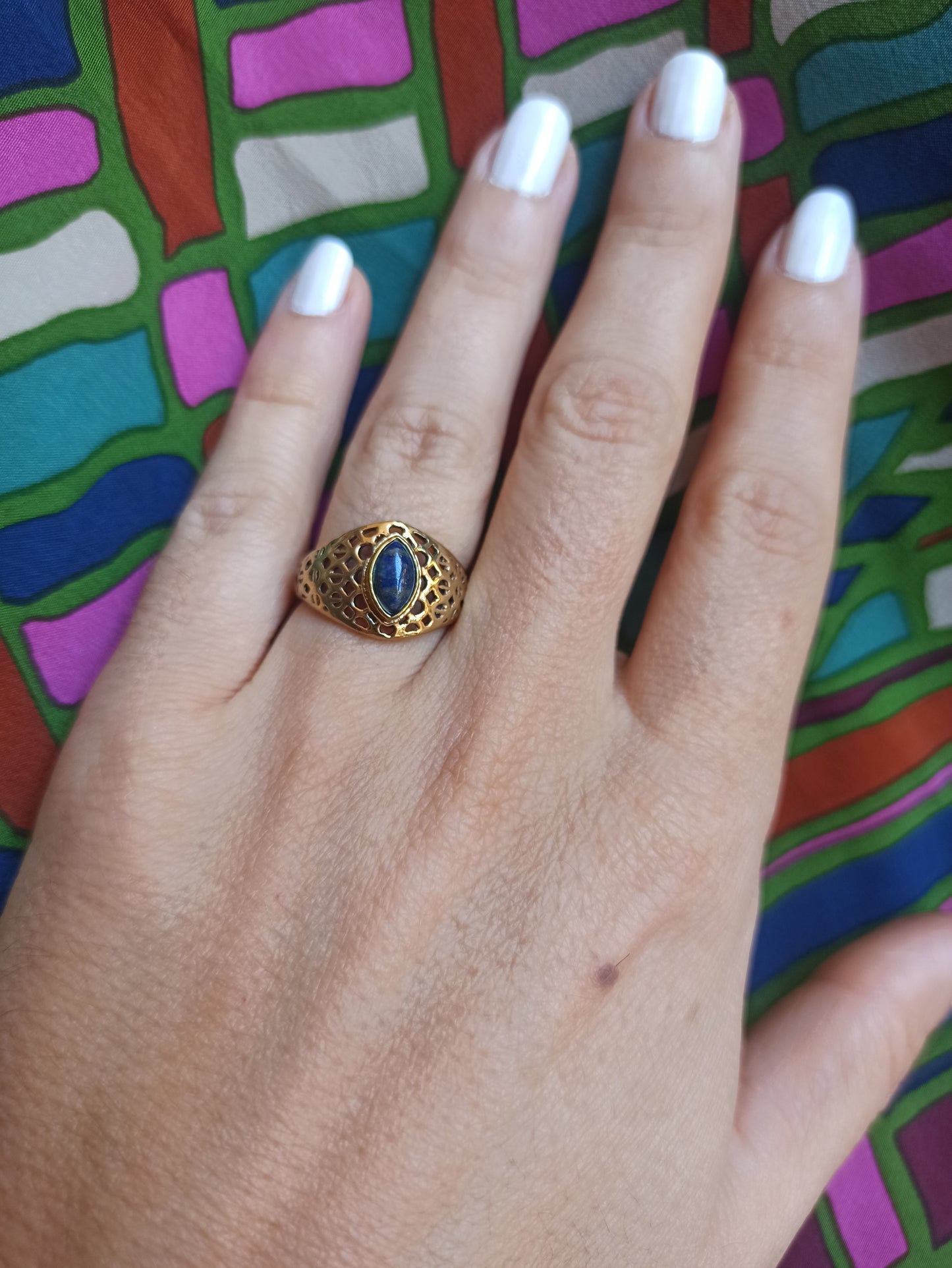 Golden boho ring with perforated lapis band