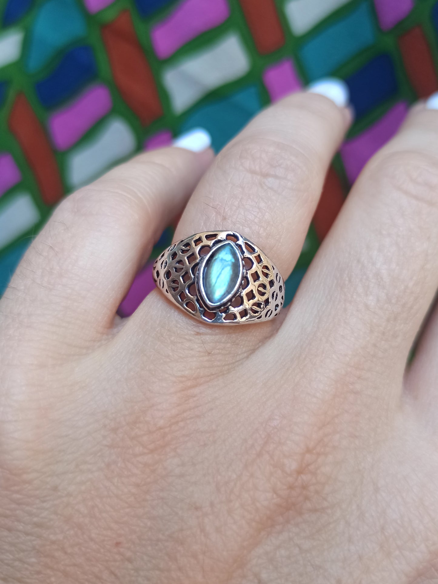 Silver boho ring with labradorite perforated band