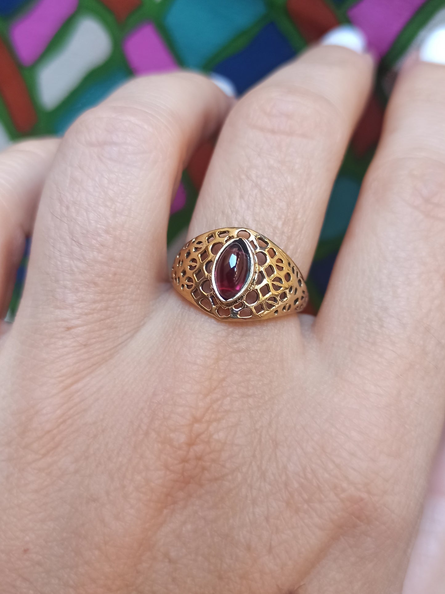 Golden boho ring with purple perforated band