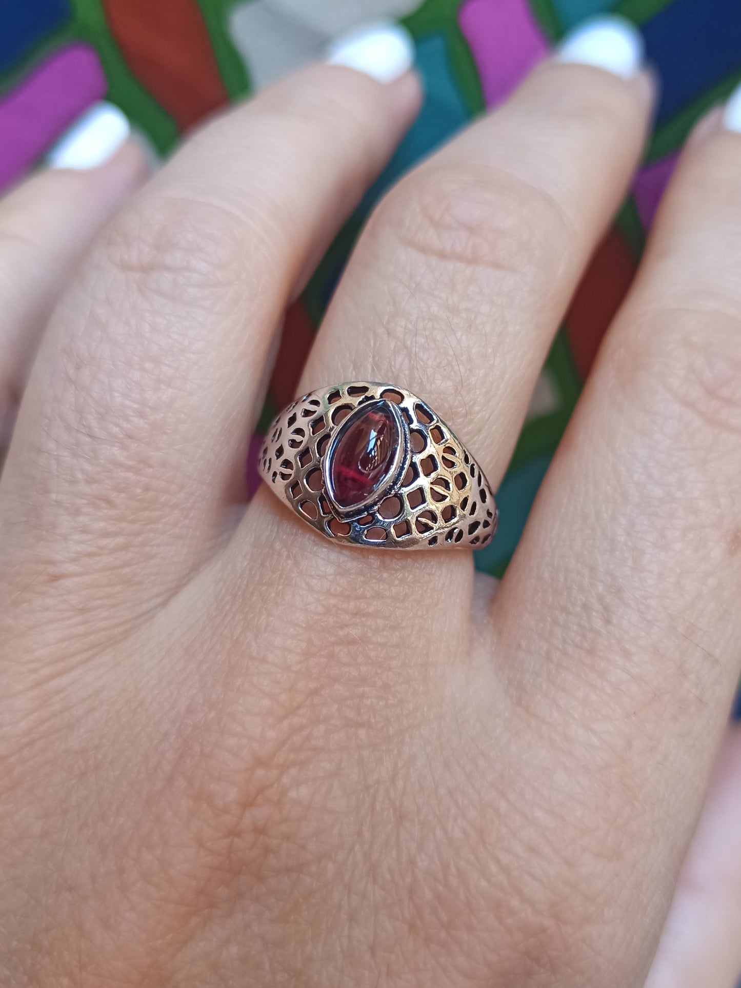 Silver boho ring with purple perforated band