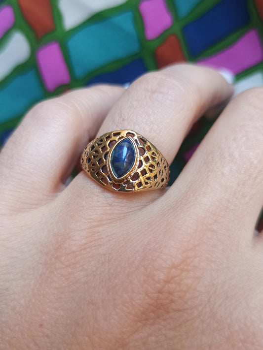 Golden boho ring with perforated lapis band