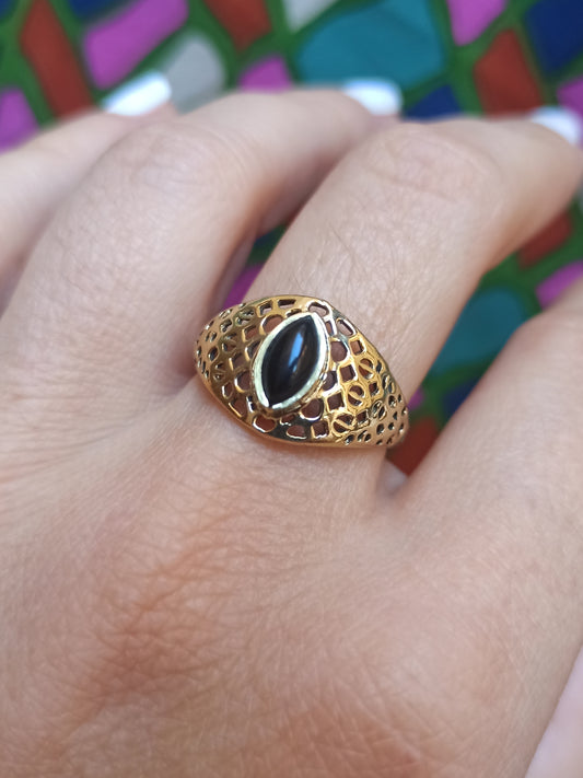 Boho silver ring with black perforated band