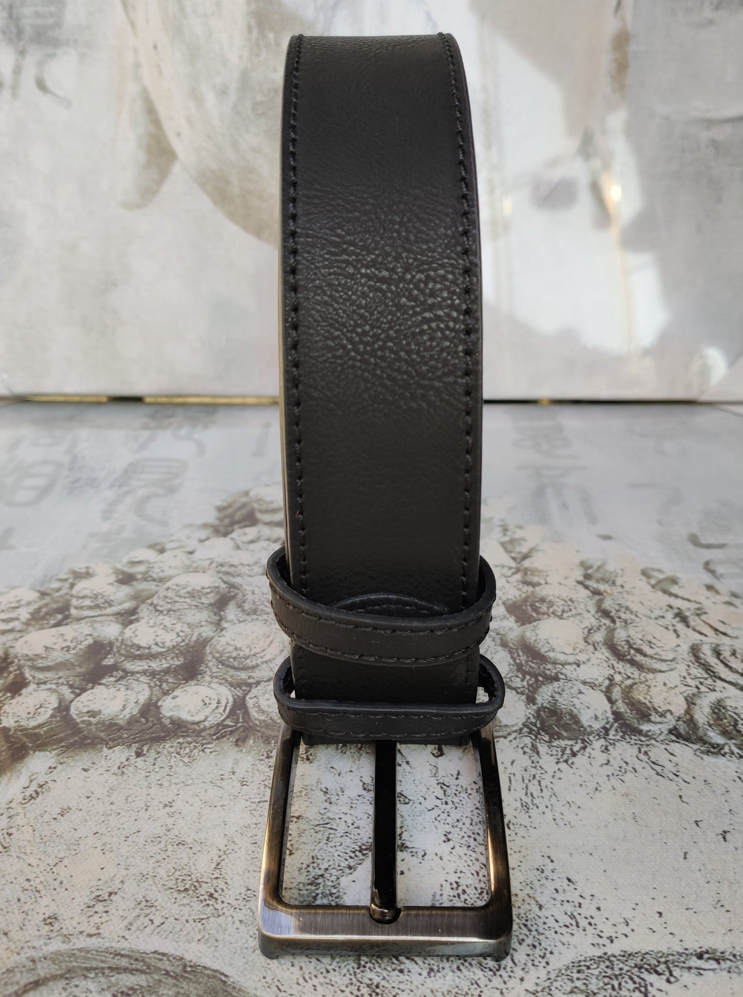 Black leather men's belt real leather 110 cm