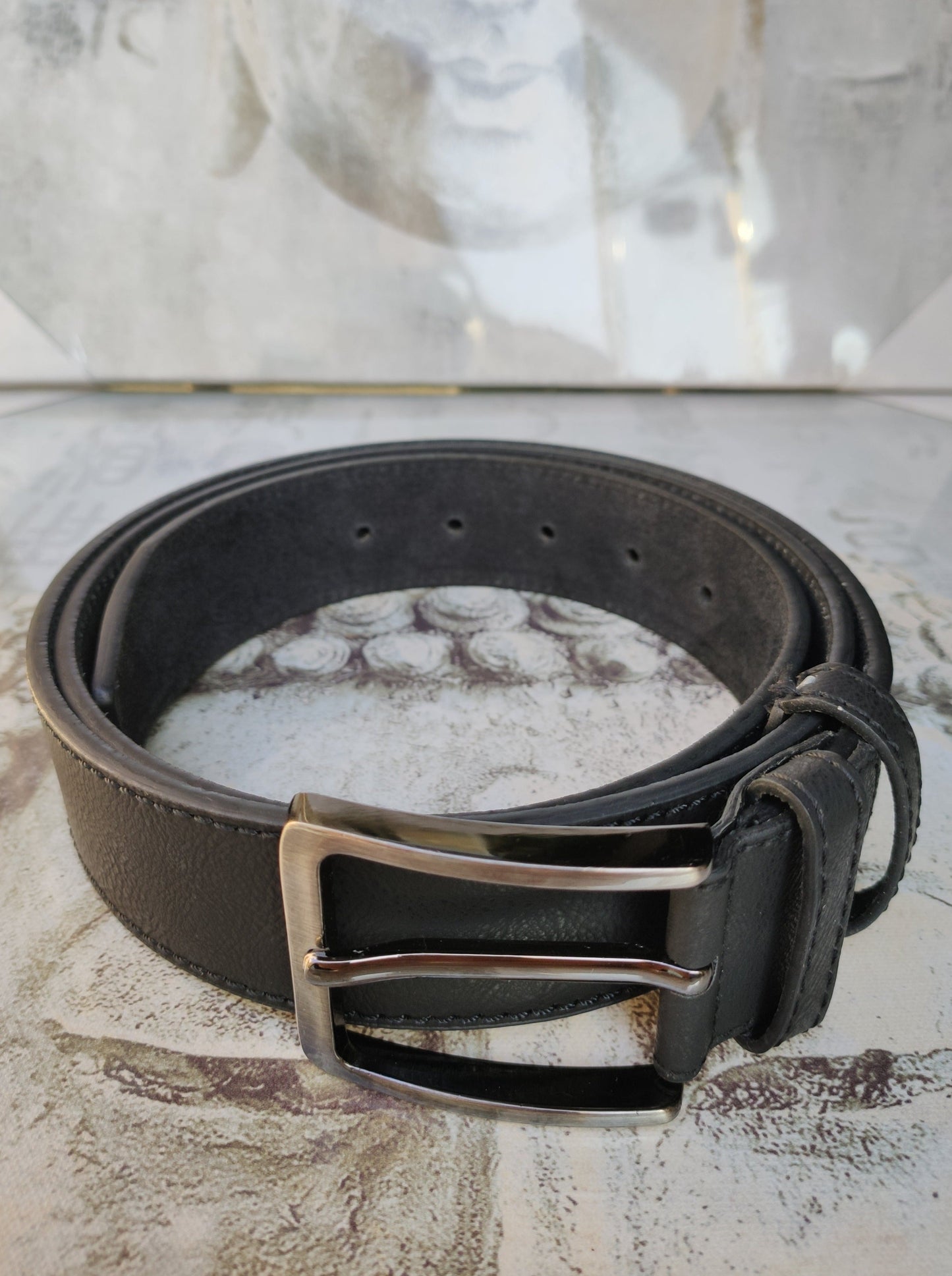 Black leather men's belt real leather 120 cm