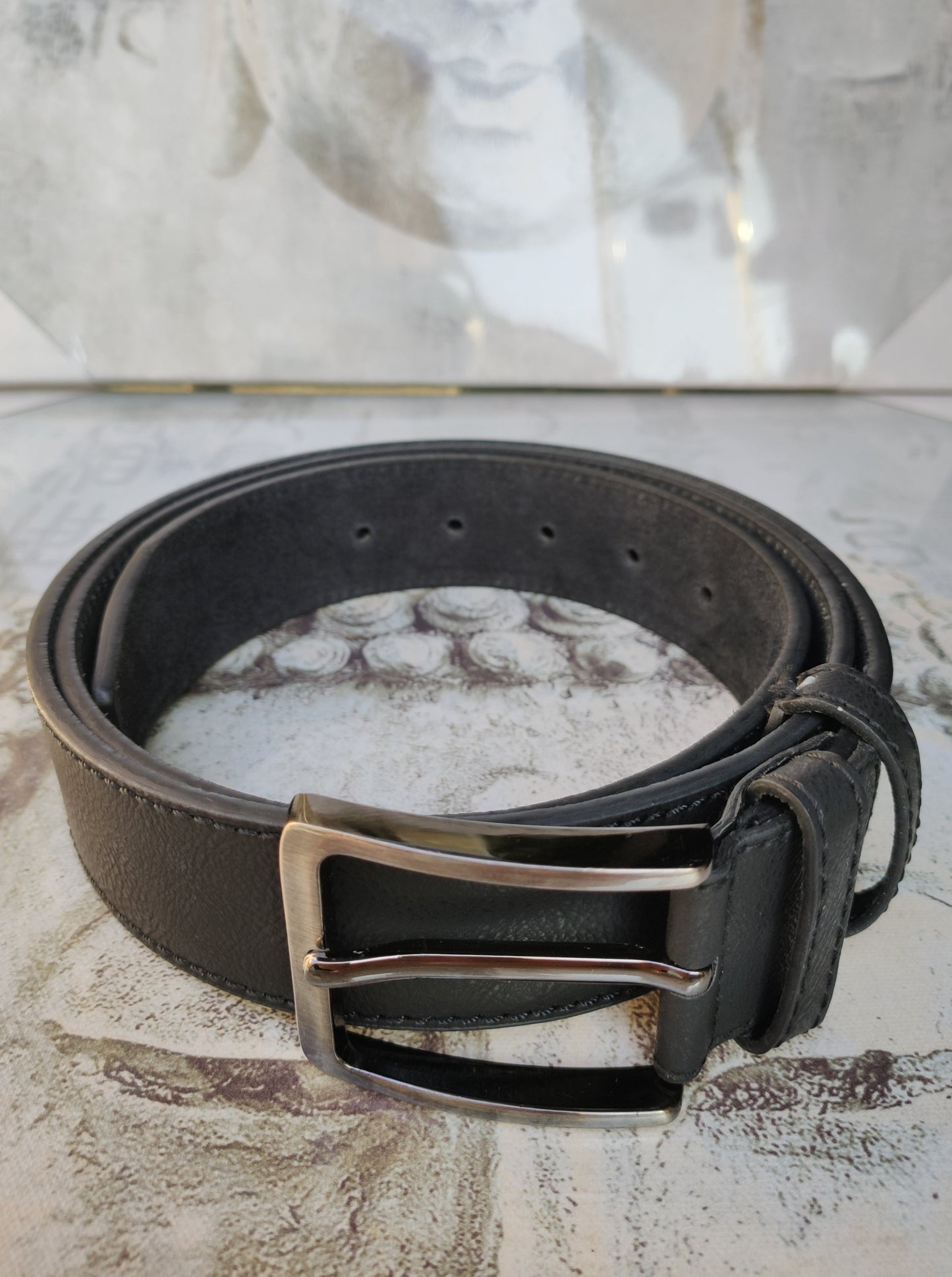 Black leather men's belt real leather 125 cm