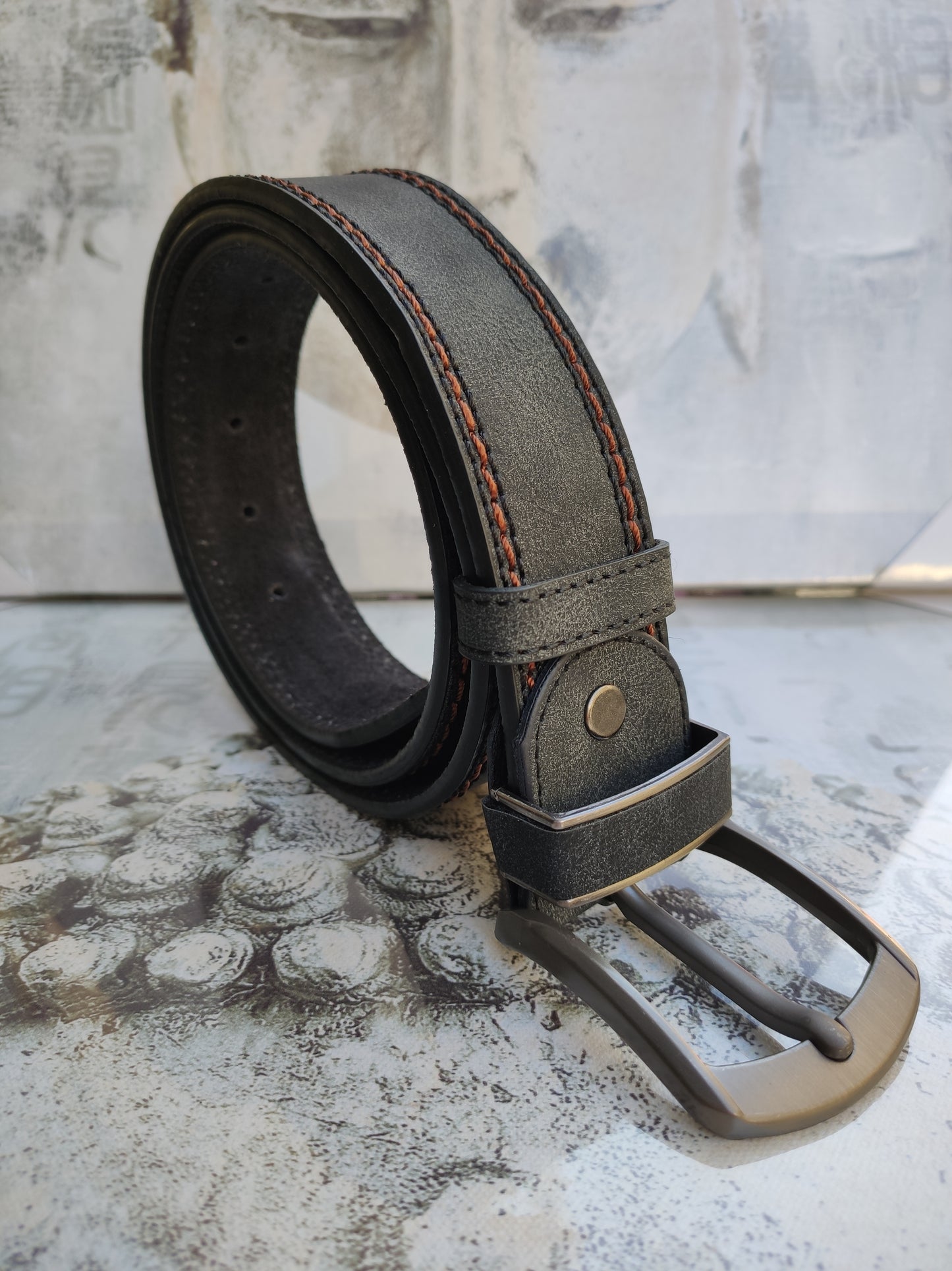 Gray leather men's belt real leather 110 cm