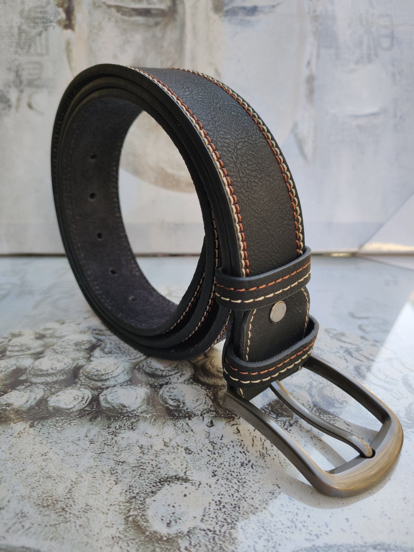 Black leather men's belt real leather 130 cm