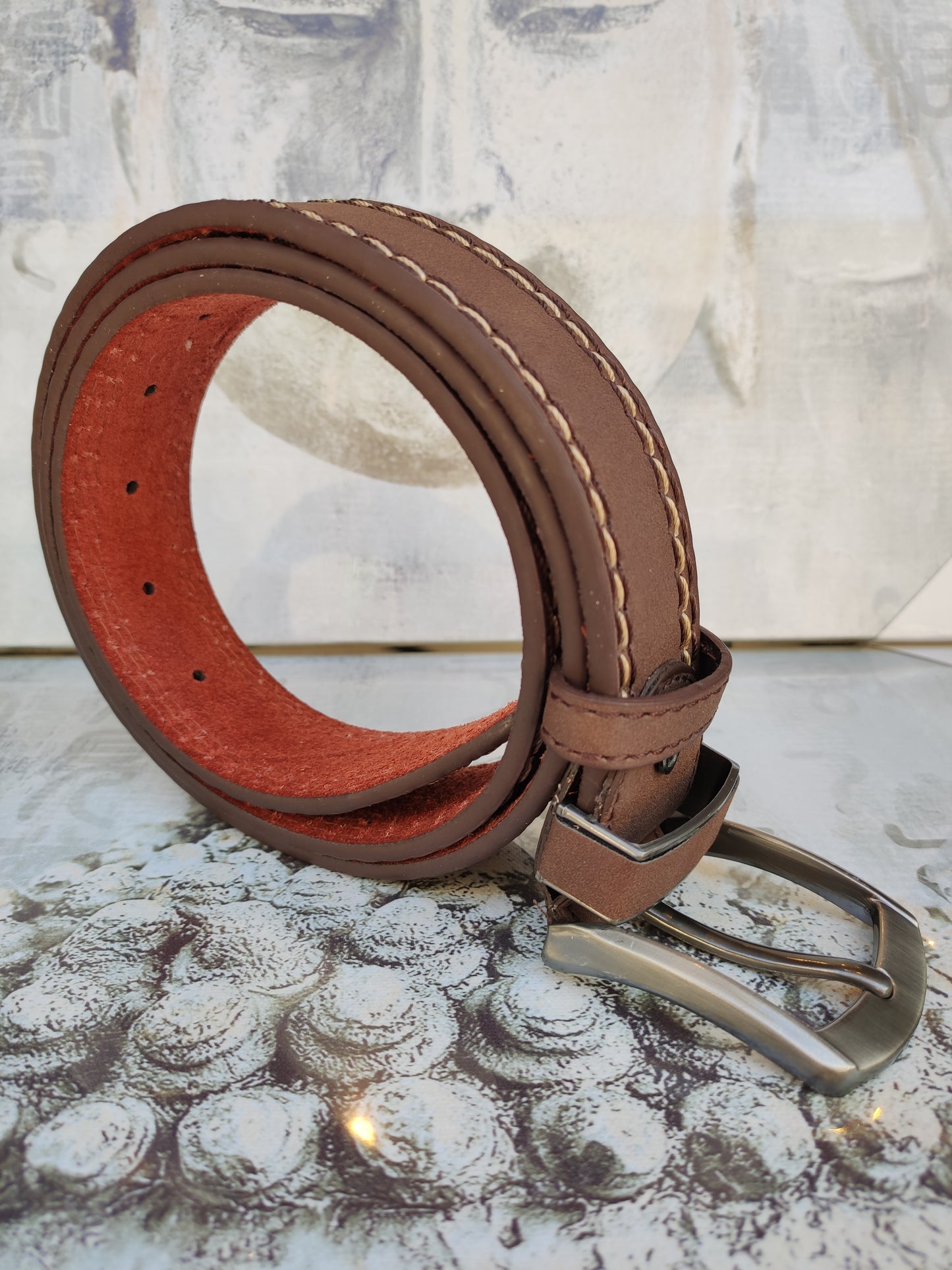 Brown leather men's belt real leather 105 cm