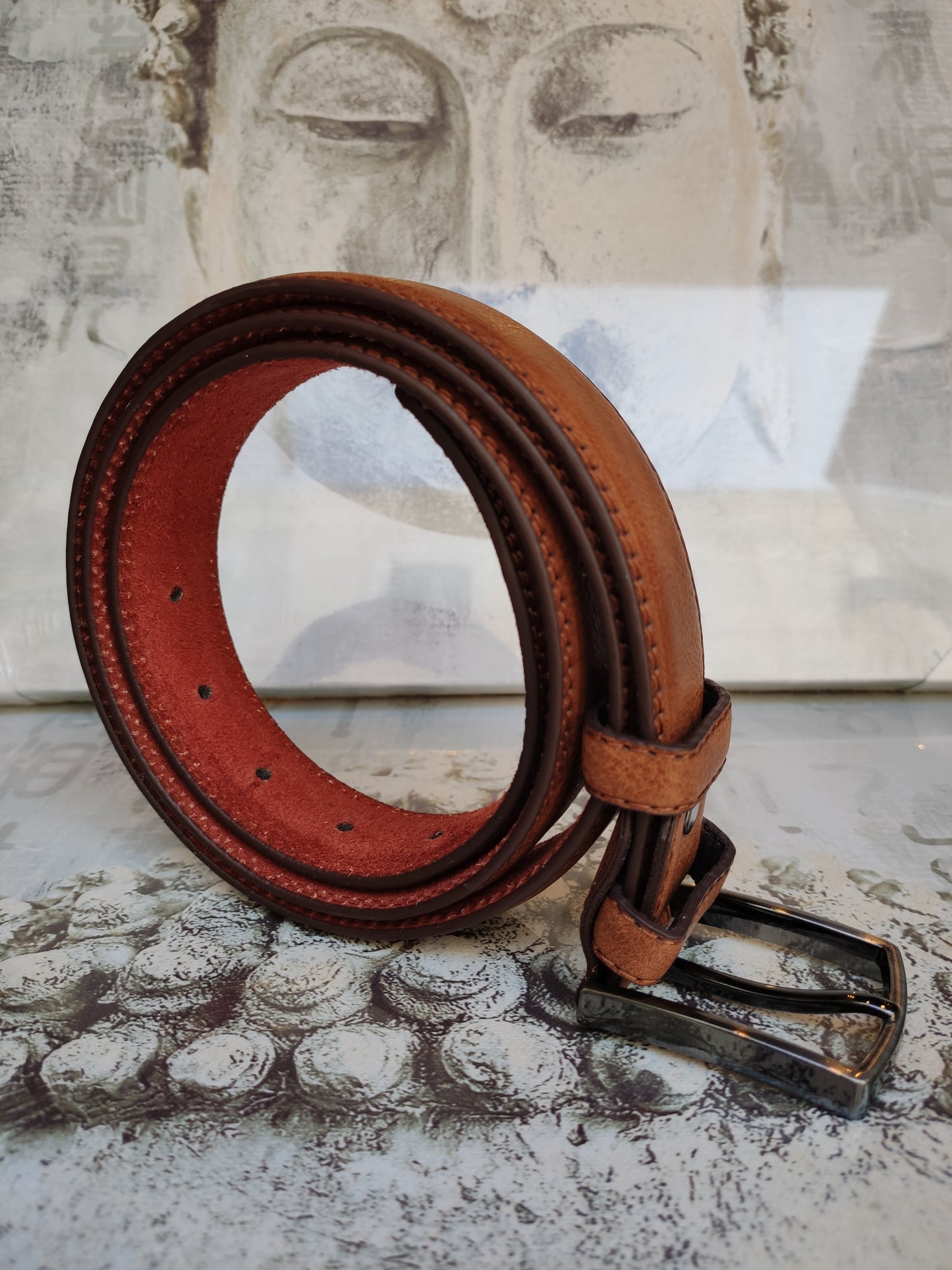 Brown leather men's belt real leather 130 cm