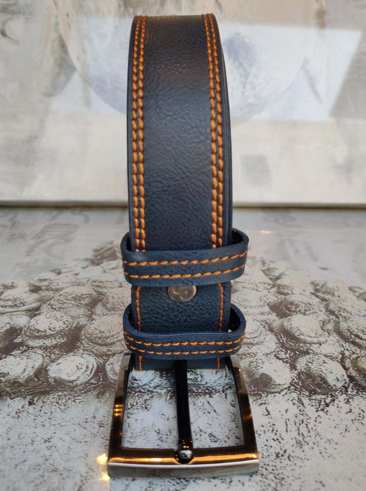 Blue leather belt for men, belt real leather, 100 cm