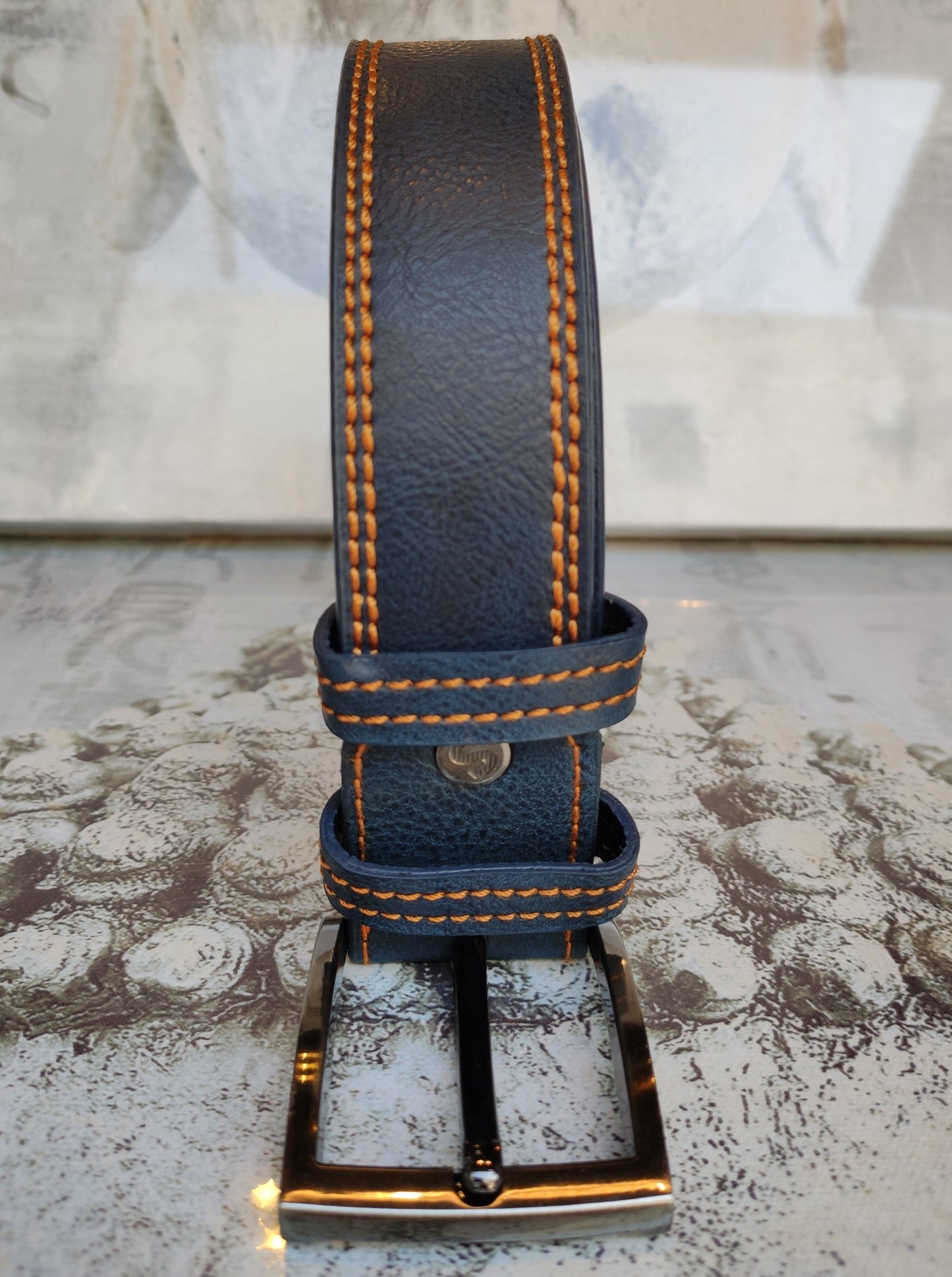 Blue leather belt for men, belt real leather, 130 cm