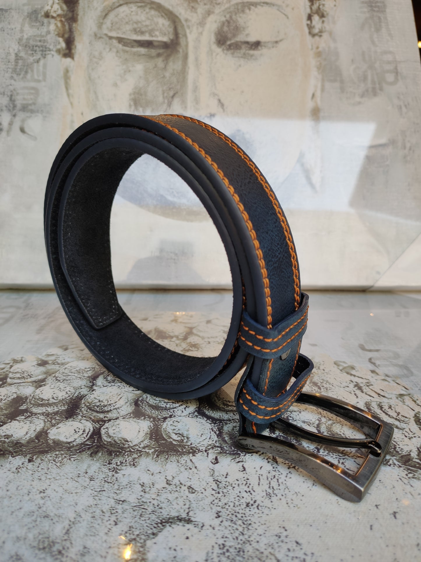 Blue leather belt for men, belt real leather, 100 cm