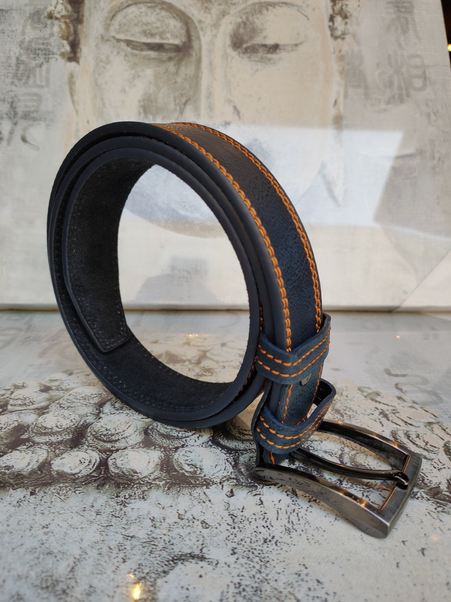 Blue leather men's belt real leather 110 cm