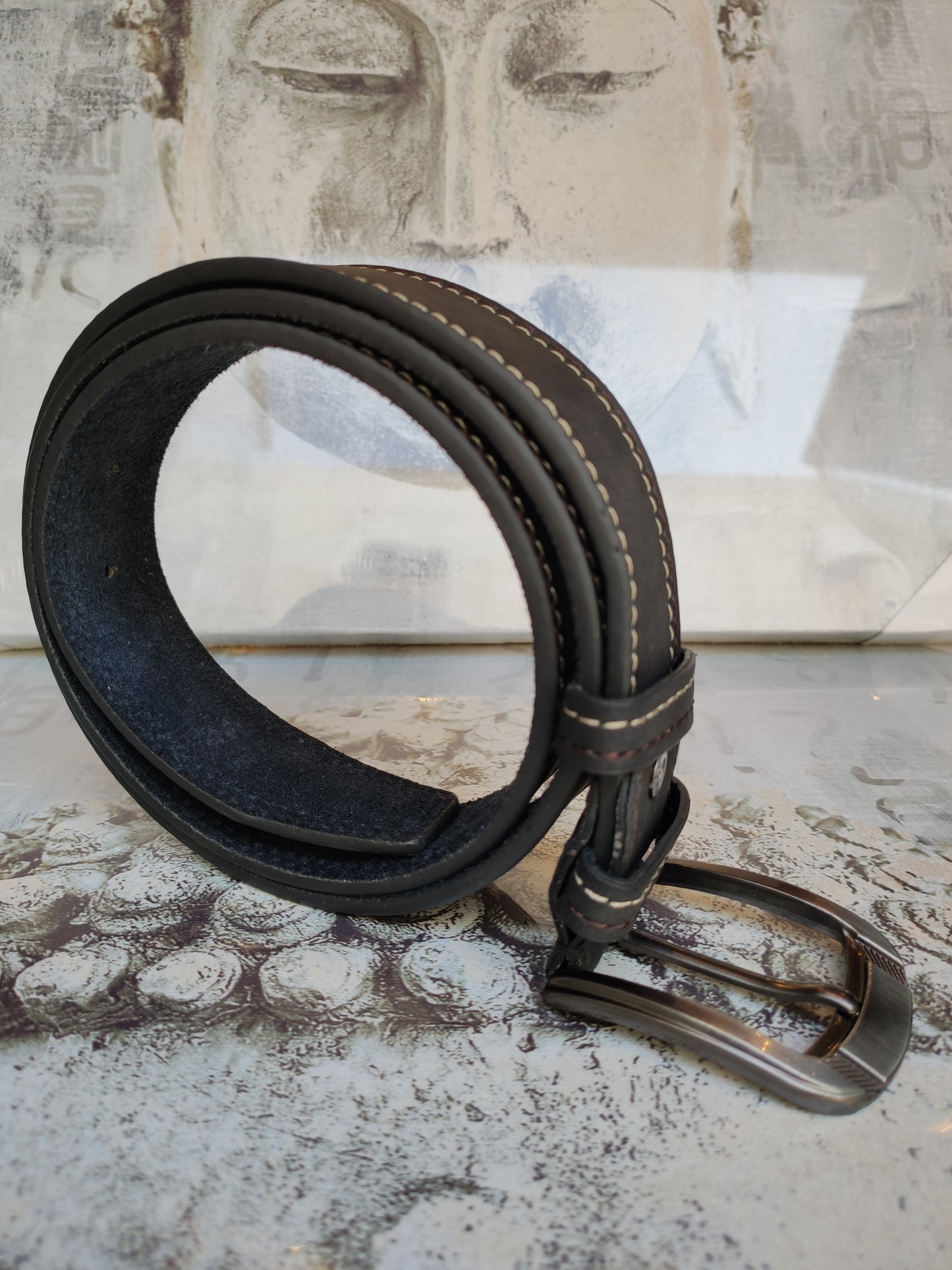 Black leather men's belt real leather 105 cm