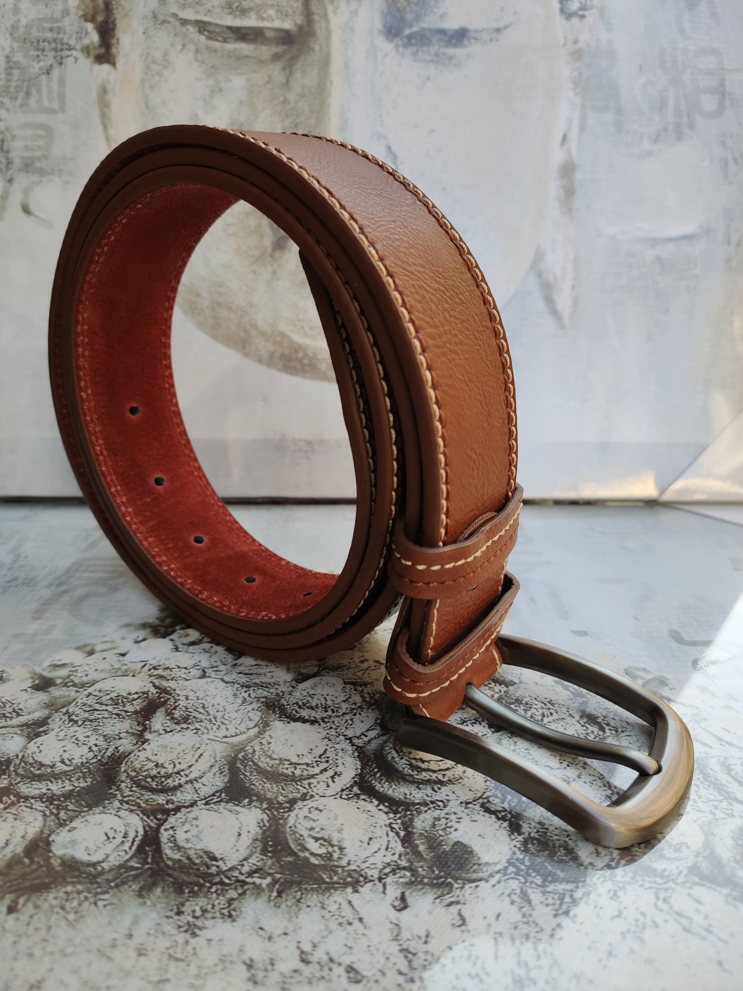 Brown leather men's belt real leather 105 cm