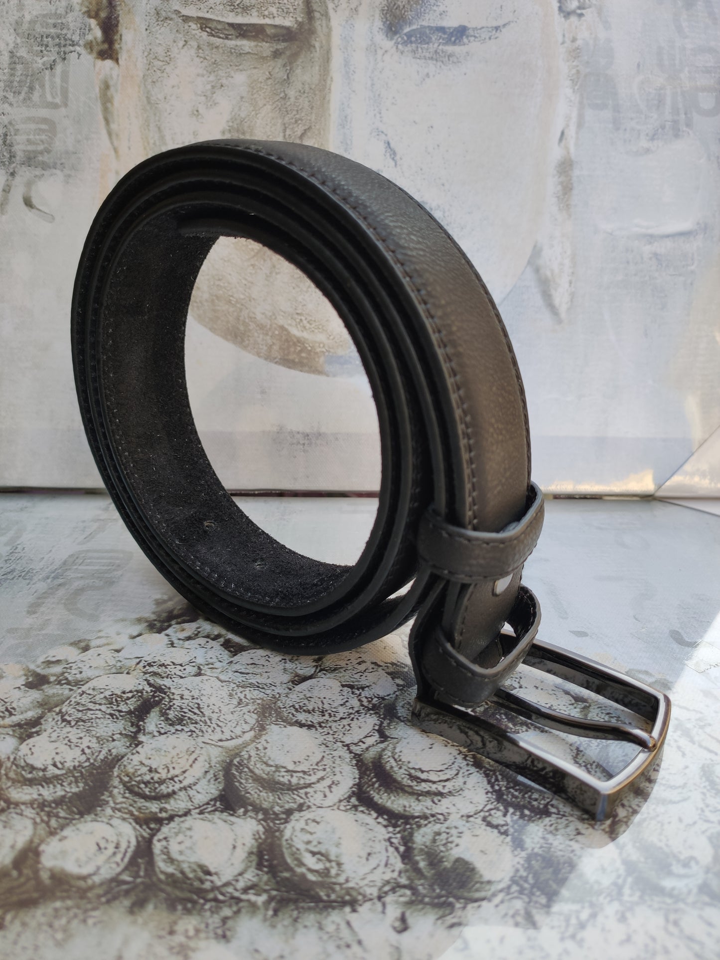 Black leather men's belt real leather 130 cm