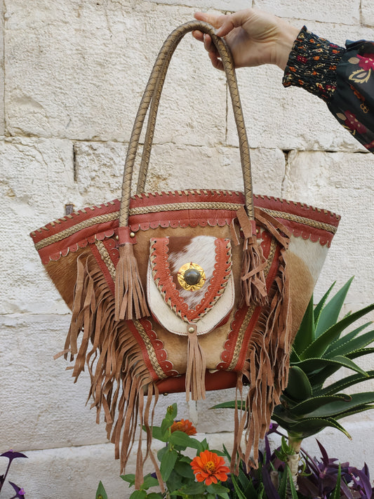 Super Outfit Cowgirl Boho Braun Schwarz Leder Shopper Tasche