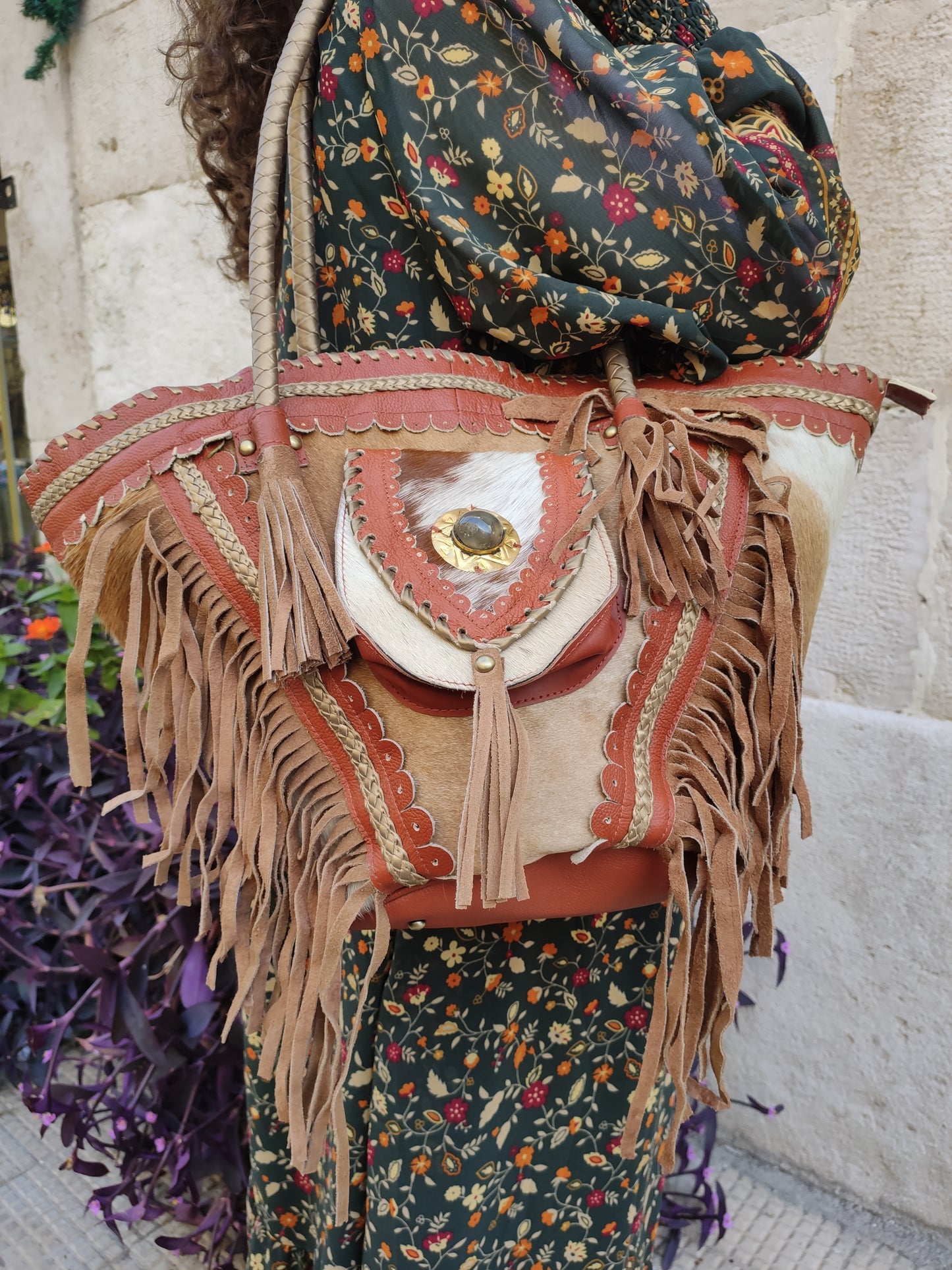 Super outfit cowgirl boho brown black leather shopper bag