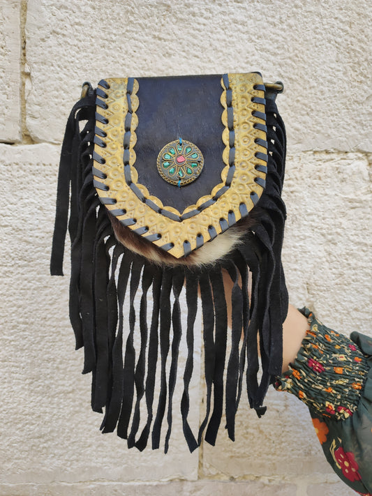 Super Outfit Cowgirl Boho Braun Schwarz Leder Shopper Tasche