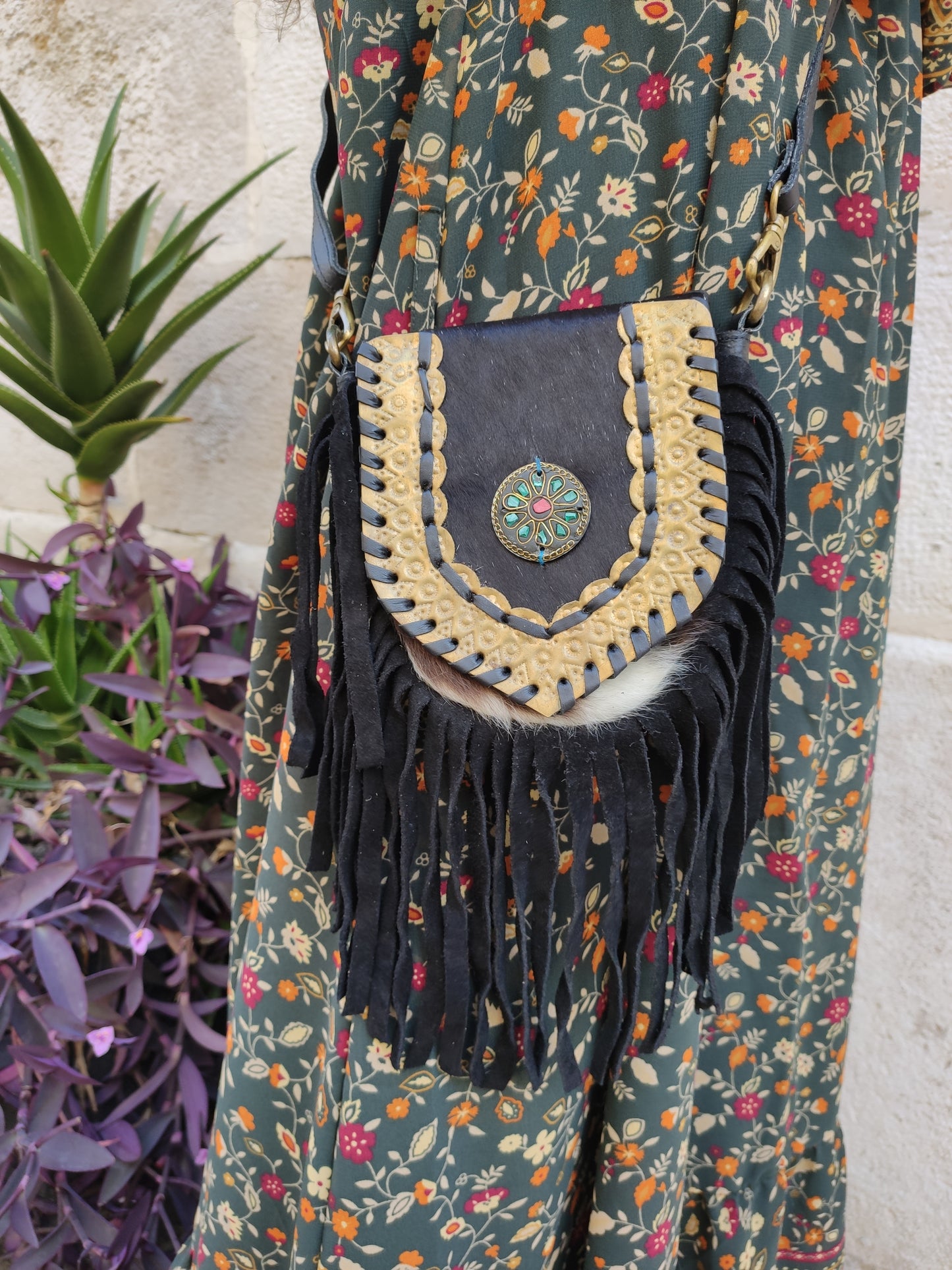Super outfit cowgirl boho brown black leather shopper bag