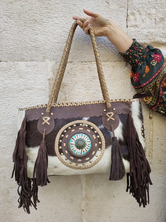 Super outfit cowgirl boho brown black leather shopper bag